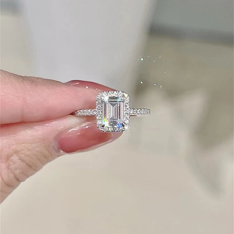 Fine Jewelry 1ct D Color Emerald Cut Moissanite Halo Ring 18K White Gold Moissanite Jewelry Wedding Engagement Ring-4