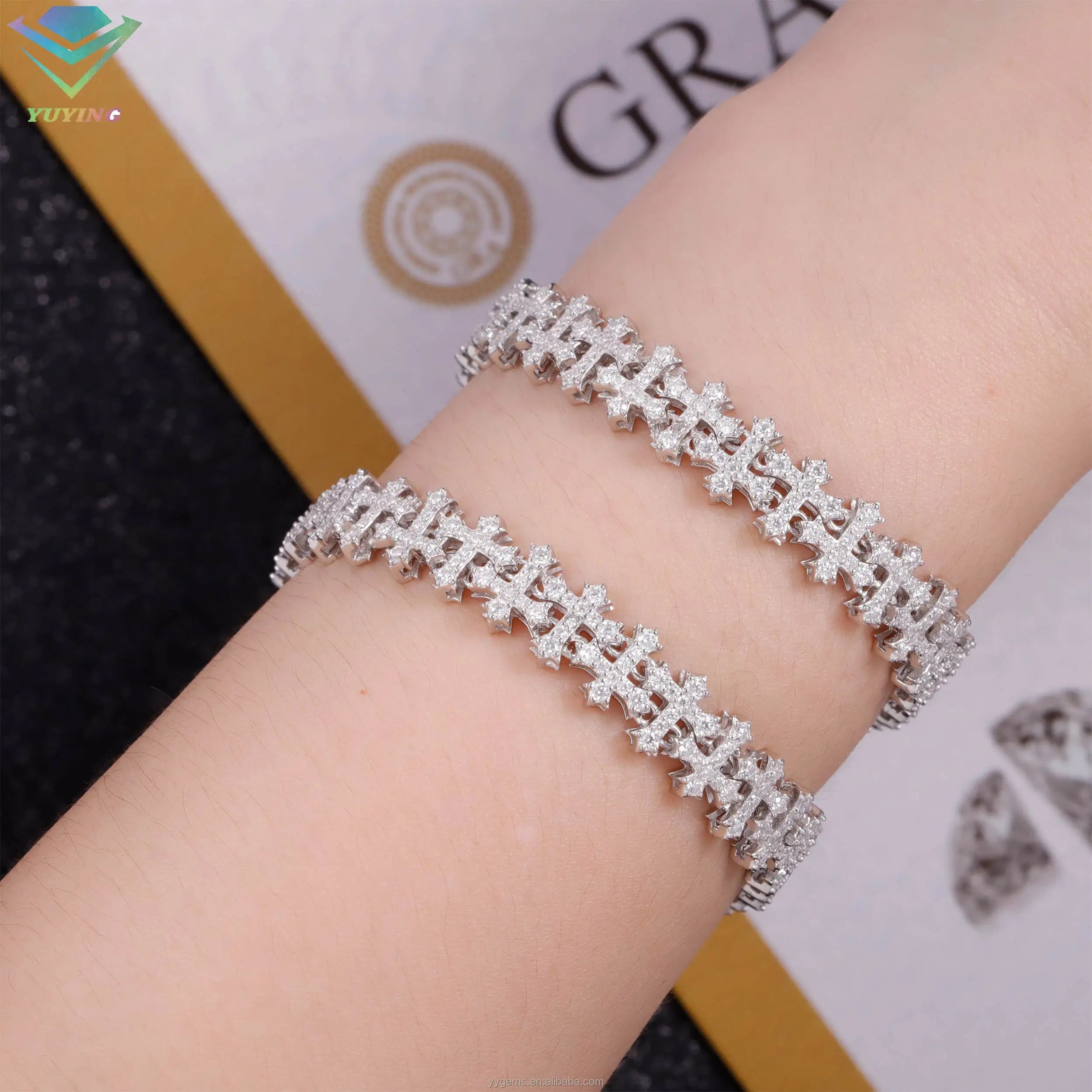 New Design 925 Silver Hiphop Bracelet Pass Diamond Tester D Color VVS Moissanite Cross Pattern Ice Out Diamond Charm Bracelet-4