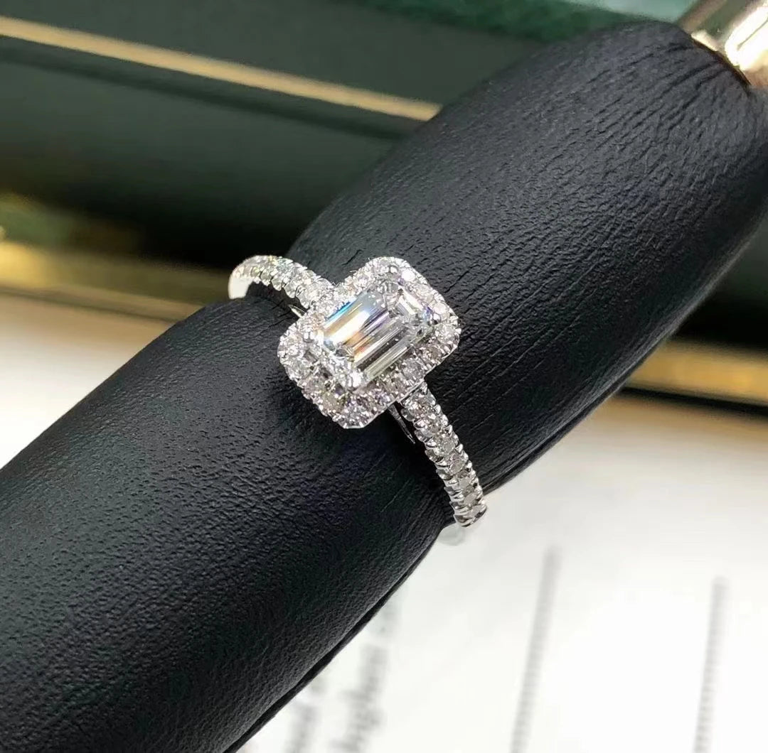Fine Jewelry 1ct D Color Emerald Cut Moissanite Halo Ring 18K White Gold Moissanite Jewelry Wedding Engagement Ring-0