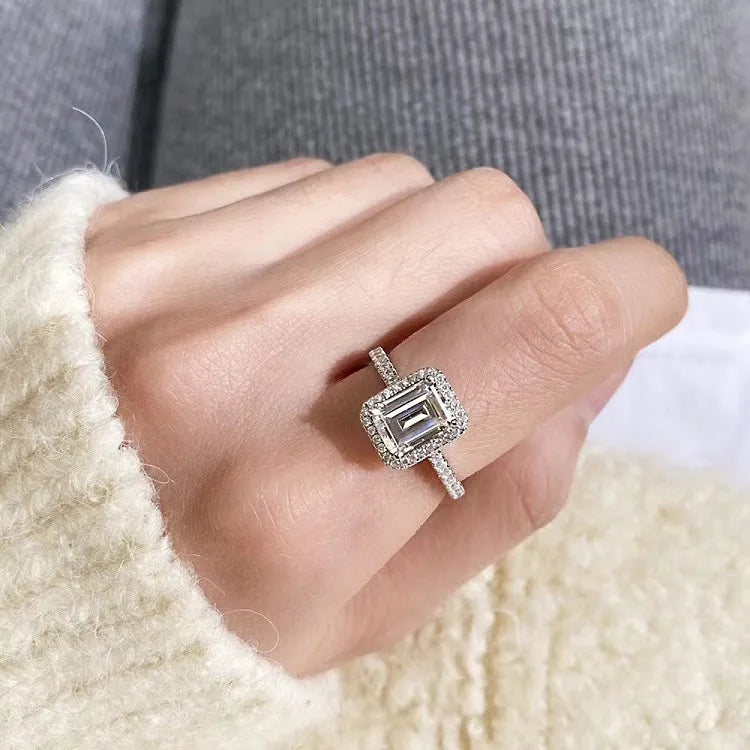 Fine Jewelry 1ct D Color Emerald Cut Moissanite Halo Ring 18K White Gold Moissanite Jewelry Wedding Engagement Ring-3