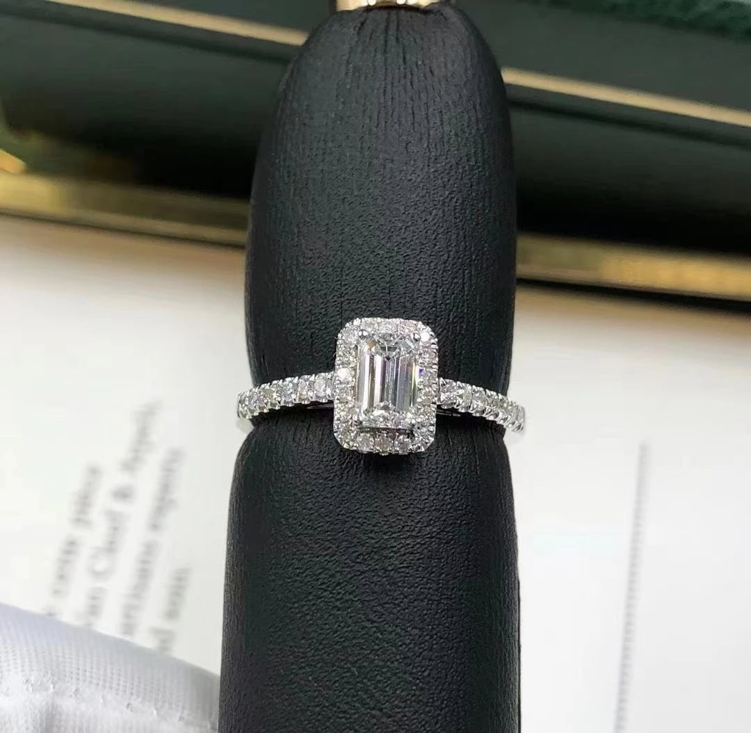 Fine Jewelry 1ct D Color Emerald Cut Moissanite Halo Ring 18K White Gold Moissanite Jewelry Wedding Engagement Ring-1